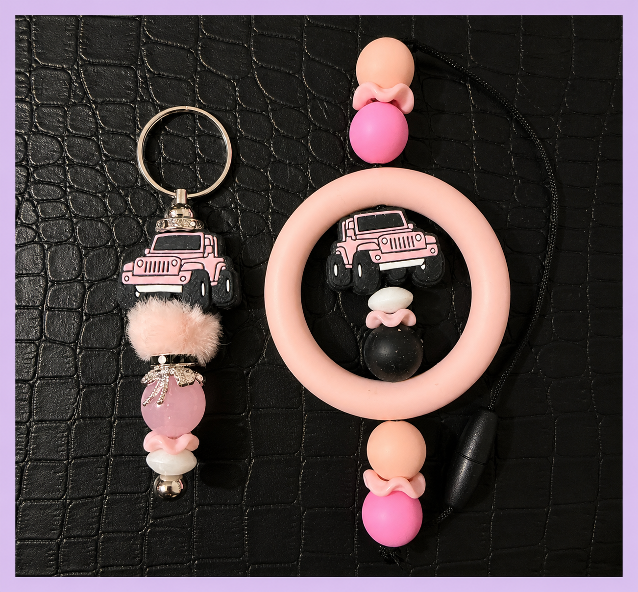 Pink Jeep Car Charm and Keychain Set